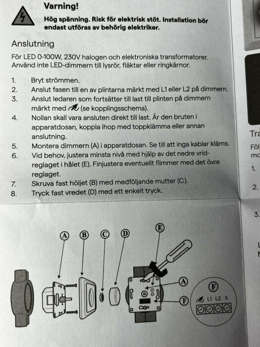 Instruktionsmanual för LED-lampa med anslutningsschema och steg-för-steg anvisningar, inklusive en diagramillustration av hur dimmern monteras.