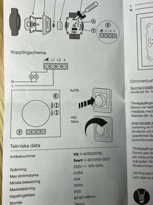 Diagram och tekniska specifikationer för elektrisk dimmerinstallation, inklusive kopplingsschema och detaljer om artikelnummer och spänning.