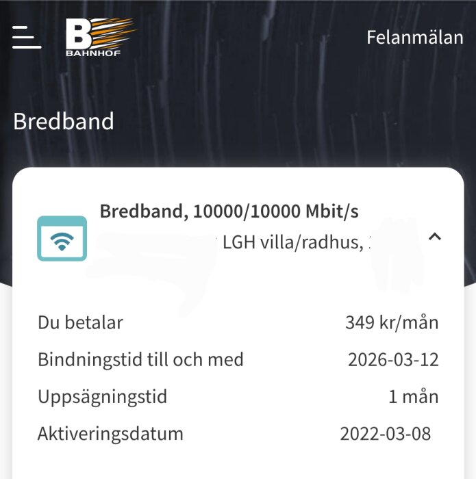 Bredbandspris och information från Bahnhof för 10000/10000 Mbit/s, med månadspris på 349 kr, bindningstid till 2026-03-12 och aktiveringsdatum 2022-03-08.