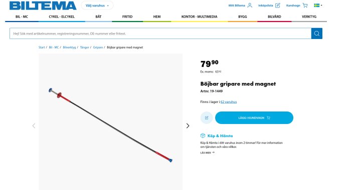 Böjbar gripare med magnet, svart och röd skaft, visas på en produktbild.