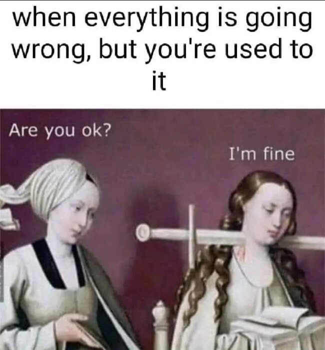 Två medeltida kvinnor, den ena frågar "Are you ok?" och den andra svarar "I'm fine", med texten "when everything is going wrong, but you're used to it".