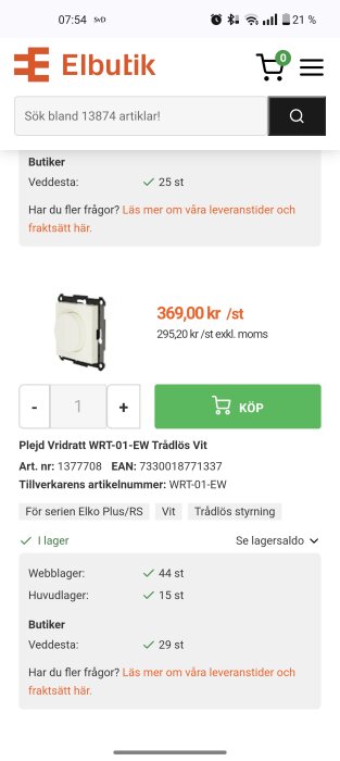 Produktbild av Plejd vriddimmer WRT-01-EW trådlös vit för Elko Plus-serien, pris 369 kr. Informationen inkluderar lagerstatus och artikelnummer.