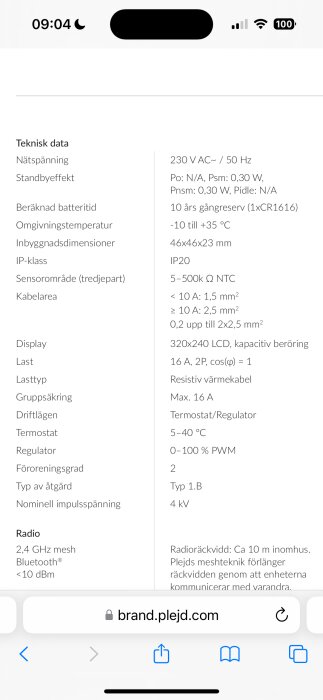 Tekniska specifikationer för Plejds termostat, inklusive nätdel, IP-klass, sensorräckvidd, kabeldimensioner och använd radiofrekvens.