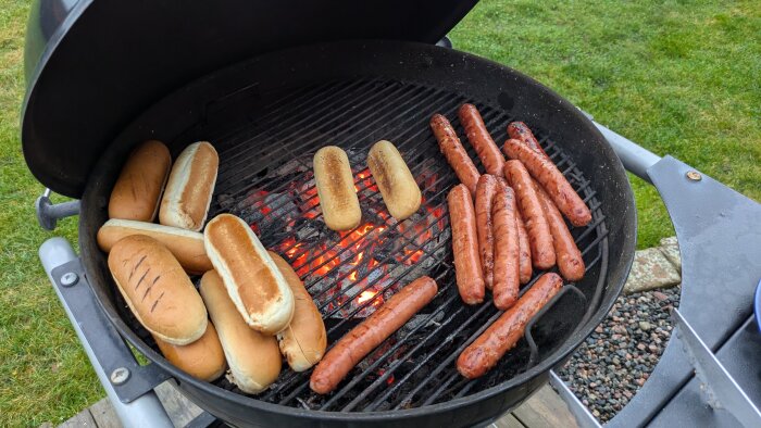 Korvar och korvbröd grillas på en kolgrill utomhus, med glödande kol och grönt gräs i bakgrunden.