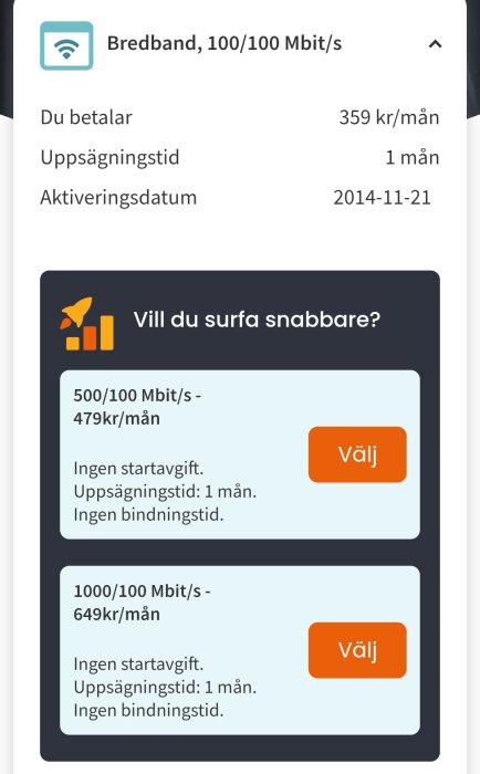 Skärmbild av bredbandsabonnemang, 100/100 Mbit/s, kostar 359 kr/mån, erbjudanden för snabbare hastigheter finns. Aktiverat 2014-11-21.