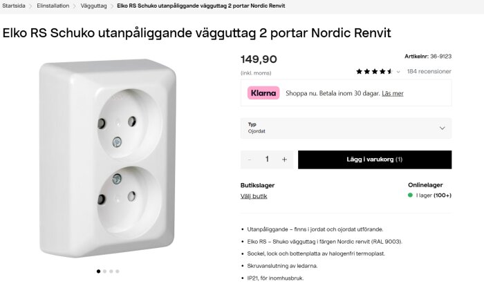 Vägguttag Elko RS Schuko utanpåliggande med två portar i vit färg.