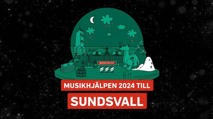 Illustration för Musikhjälpen 2024 i Sundsvall med stadssiluett och dinosaurie i snöglob mot stjärnig bakgrund.