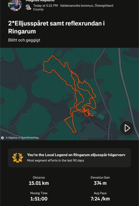 Karta över en löprunda i Ringarum, visar en orange bana i mörkgrönt område. Distans: 15,01 km, höjdvinst: 374 m, snittfart: 7:24/km.