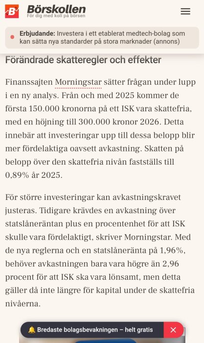 Skärmdump av en artikel från Börskollen om förändrade skatteregler för ISK och nya avkastningskrav från 2025.