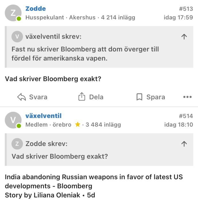 Skärmbild av ett diskussionsforum där användare diskuterar citat från Bloomberg och en ukrainsk nyhetsbyrå angående Indien och vapen.