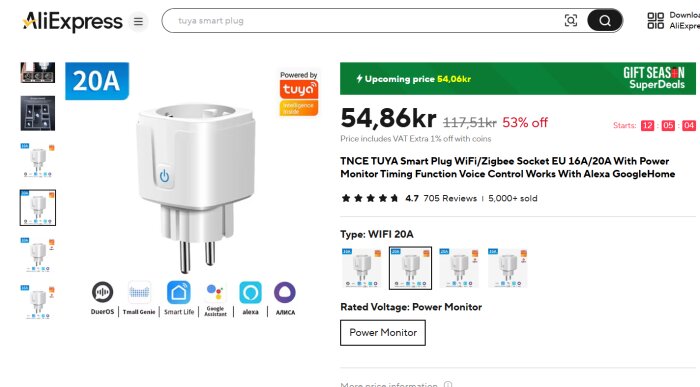 Bild på en TUYA smart plug med WiFi/Zigbee för EU, 20A, visad på AliExpress med pris och beskrivning om kompatibilitet med smart assistenter.