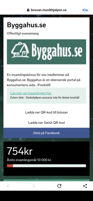 Skärmbild av Byggahus.se insamlingssida, visar 754 kr insamlade av målet 10 000 kr. Text om insamling och länkdelning.