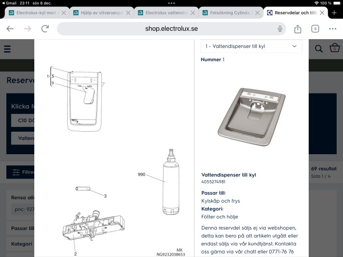 En reservdel till en Electrolux vattendispenser för kylskåp, inklusive ritning och bild av dispenserfronten.