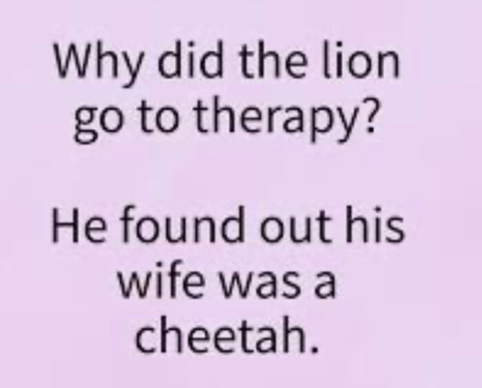 Textbild med skämt: "Why did the lion go to therapy? He found out his wife was a cheetah.