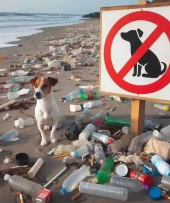 Hund sitter bland skräp på stranden bredvid en skylt som förbjuder hundar.