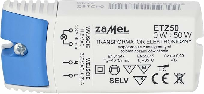 Elektronisk transformator (Zamel ETZ50) för 0-50W, vit och blå design med specifikationer för spänning och säkerhetsstandarder tydligt markerade.