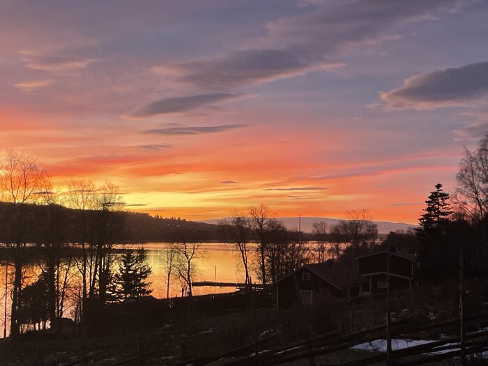 Solnedgång över en sjö med färggrann himmel i orange och rosa, silhuetter av träd och hus syns i förgrunden.