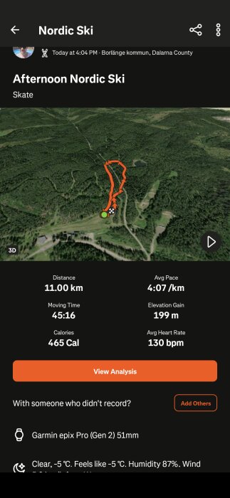 Karta över en nordisk skidtur i 3D med rutt markerad, distans 11 km, flyttid 45:16, genomsnittshastighet 4:07 min/km, kalorier 465, höjdförändring 199 m.