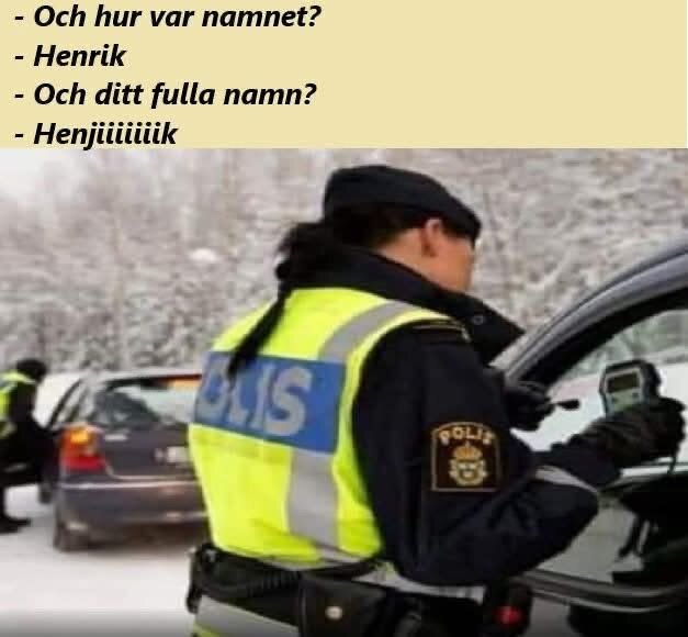 Polis utför nykterhetskontroll på förare i en bil, vinterlandskap i bakgrunden, humoristisk textdialog om namn på bilden.