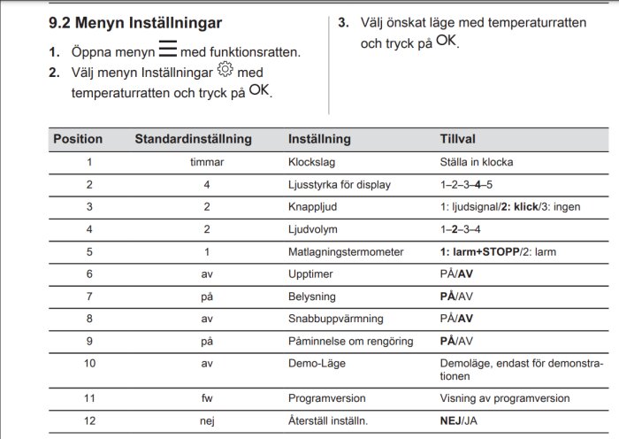 Tabell visar inställningar för Electrolux-utrustning, inklusive klockslag, ljusstyrka, knappljud, matlagningstermometer och påminnelse om rengöring.