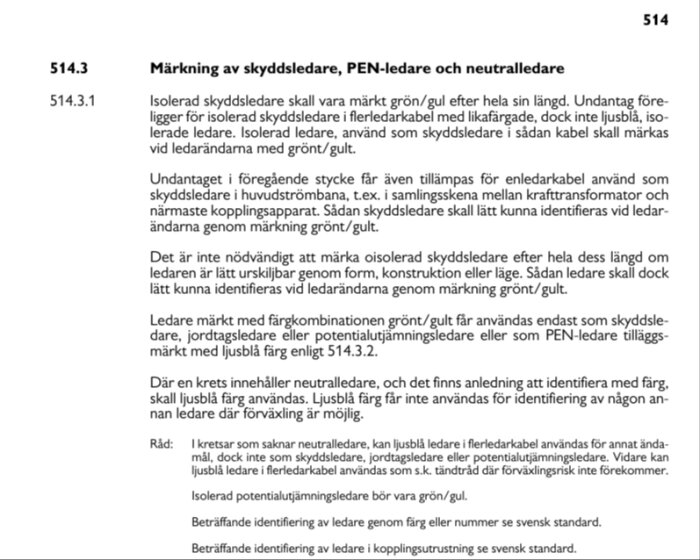 Textutdrag med regler om märkning av skyddsledare, PEN-ledare och neutralledare enligt Elsäkerhetsverkets föreskrifter.