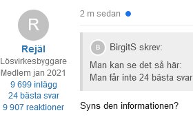 Användarprofil och diskussionsinlägg på forum, visar antal inlägg, bästa svar och reaktioner.