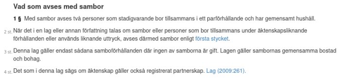 Skärmdump av definitionen av sambor enligt Sambolagen, paragraf 1, med fokus på vad som utgör ett samboförhållande.