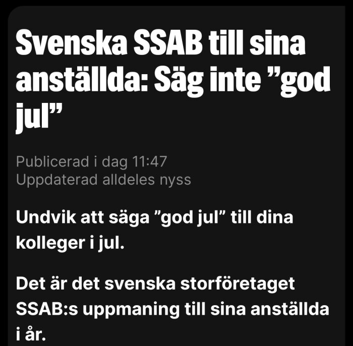 Tidningsrubrik där SSAB uppmanar anställda att undvika uttrycket "god jul" och istället använda andra uttryck under julhelgen.