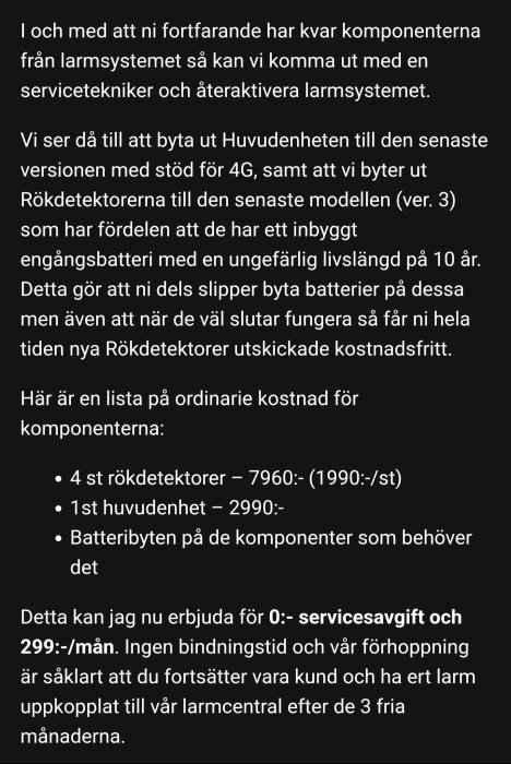 Bilden visar ett erbjudandemail från Verisure om larmkomponenter och service, inkluderande prisuppgifter för rökdetektorer och huvudenhet.