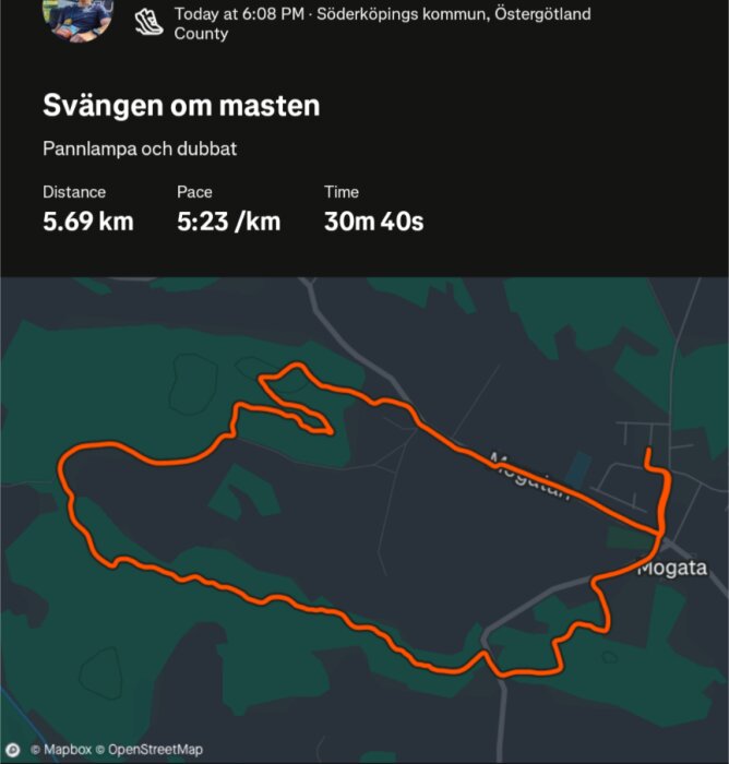 Löprunda på 5,69 km runt Mogata, Söderköping. Distans 5,69 km, tempo 5:23/km och tid 30m 40s, med pannlampa och dubbat. Karta av rundan visas.