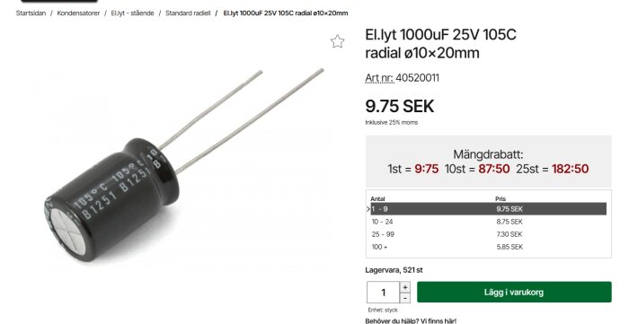 Kondensator El.lyt 1000uF, 25V, 105C, radial, pris 9,75 SEK, visas med produktdetaljer och mängdrabatt i en webbbutik.