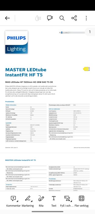 Philips Lighting lampa, MASTER LEDtube InstantFit HF T5, specifikationer: 60-120V, lång livslängd och energieffektivitet. Produktblad med tekniska data.