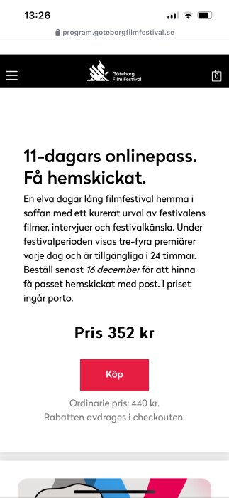 Reklam för Göteborg Film Festival med prisinformation för ett 11-dagars onlinepass och instruktioner för beställning innan 16 december.