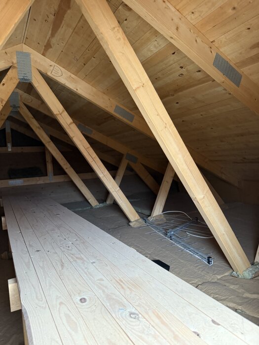 Takstolar i en vindsvåning med W-formation, träbjälkar och en antenn ligger på golvet.