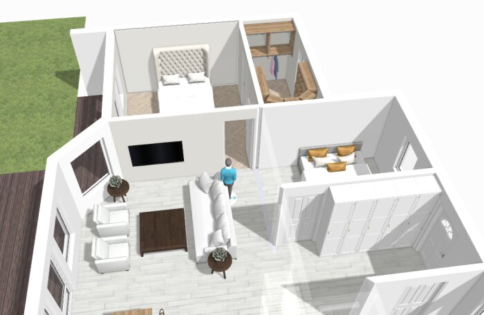 Illustration av en lägenhetslayout, visar ett stort sovrum med säng, en walk-in-closet, vardagsrum med soffa och TV, samt garderober.