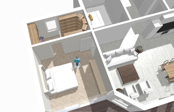 3D-skiss av två sovrum och en walk-in-closet med möblering, inklusive säng och garderober, samt en figur som visar placeringen av rummen.