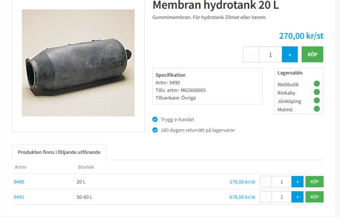 Bild på en gummimembran för hydrotank, modell för 20 L. Produktinformation visas med artikelnummer 9490 och pris 270,00 kr/st.