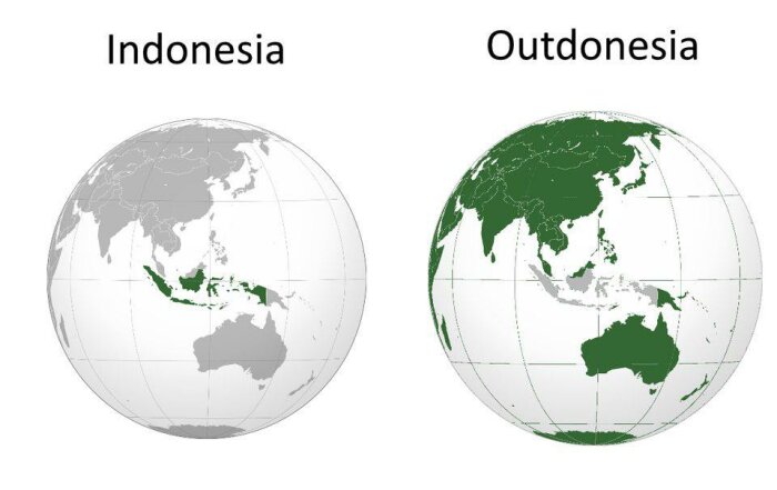 Två jordglober, en med Indonesien markerat och en med resten av världen utom Indonesien markerad, med texten "Indonesia" och "Outdonasia".