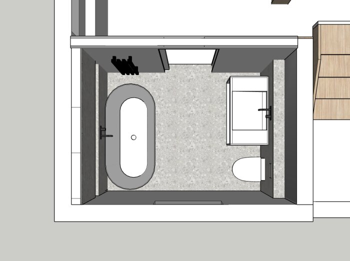 Ritning av ett badrum med badkar, dusch och toalett, sedd uppifrån.