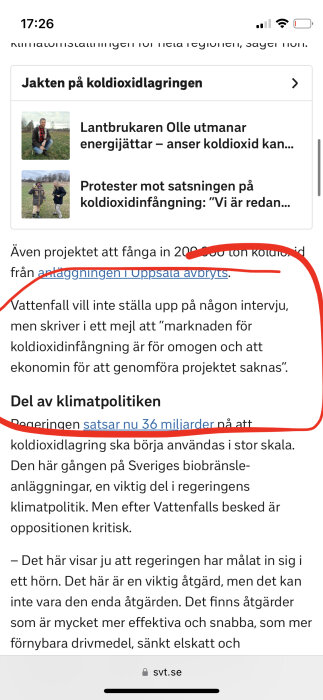 Skärmdump från en artikel om koldioxidlagring med rubriker om lantbrukarens utmaning mot energijättar och protester mot projektet.