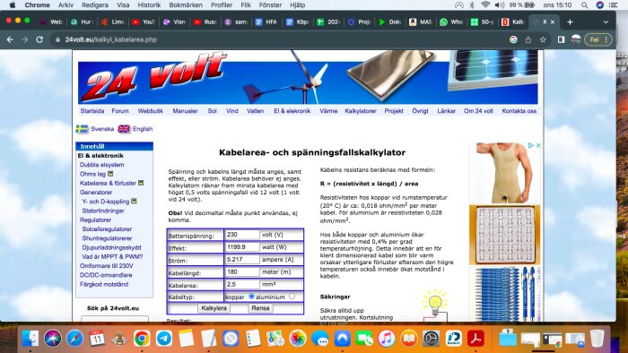 Webbsida med en kalkylator för kabelarea och spänningsfall, innehållande användarinmatningar för batterispänning, effekt, ström, kabellängd.