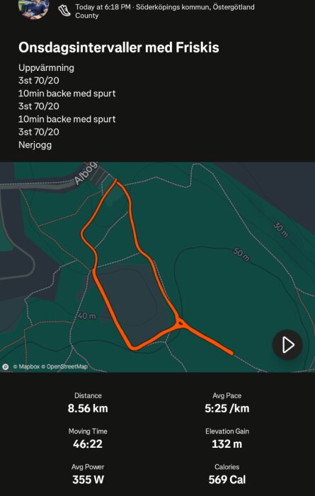 Karta och statistik från ett träningspass med Löparklubben Friskis i Söderköping, inklusive distans, tid, genomsnittlig takt och förbrända kalorier.