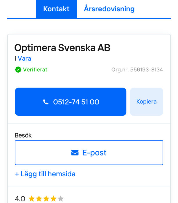 Kontaktinformation för Optimera Svenska AB med telefonnummer och e-postalternativ.