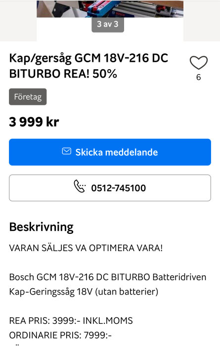 Batteridriven kap/gersåg Bosch GCM 18V-216 DC Biturbo till salu med 50% rabatt. Pris 3999 kr inklusive moms, utan batterier.