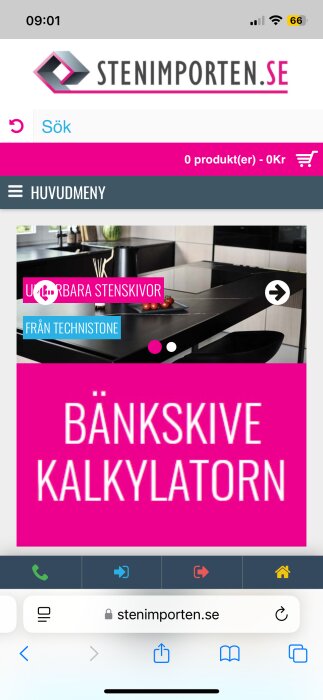 Bild av Stenimportens hemsida med texten "Bänkskive Kalkylatorn" och bild på ett modernt kök med svarta stenskivor.