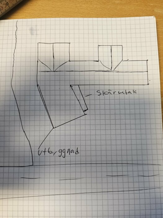 Handritad skiss på rutat papper som visar en byggplan med etikett för skärmtak och utbyggnad.