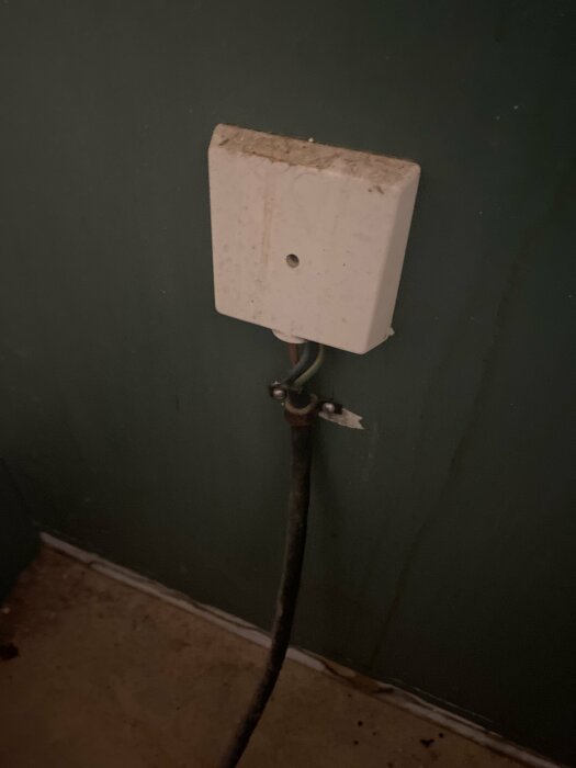 Eluttag på vägg med gammal elkabel i en äldre lägenhet.