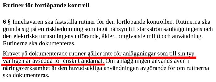 Utdrag ur ELSÄK-FS 2022:3 som beskriver rutiner för fortlöpande kontroll, med betoning på privatpersoner i bostad.