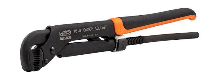 Svart och orange Bahco 1610 Quick-Adjust rörtång, lämplig för att greppa skruvskallar.