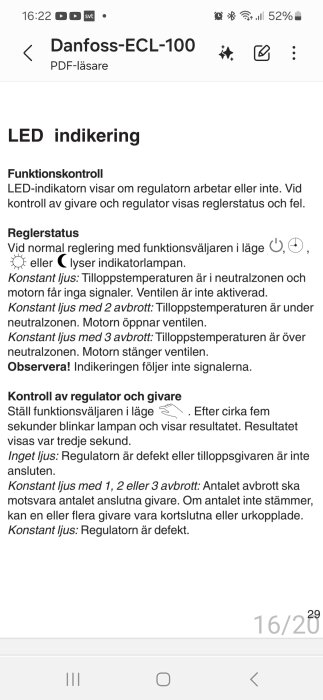 Bild av en PDF-läsarskärm som visar en manual för Danfoss-ECL-100 med instruktioner om LED-indikering och reglagekontroll.